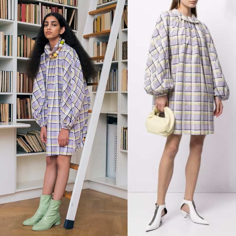 STINE GOYA Samantha Plaid Cotton Silk Mini Dress Lilac US 2/4 Relaxed Fit NWT